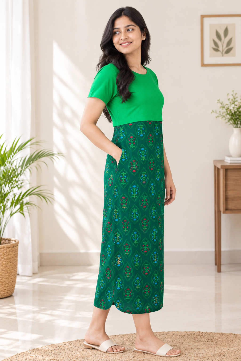 Capri Feeding Wear without Puff Sleeve Plain DF Green