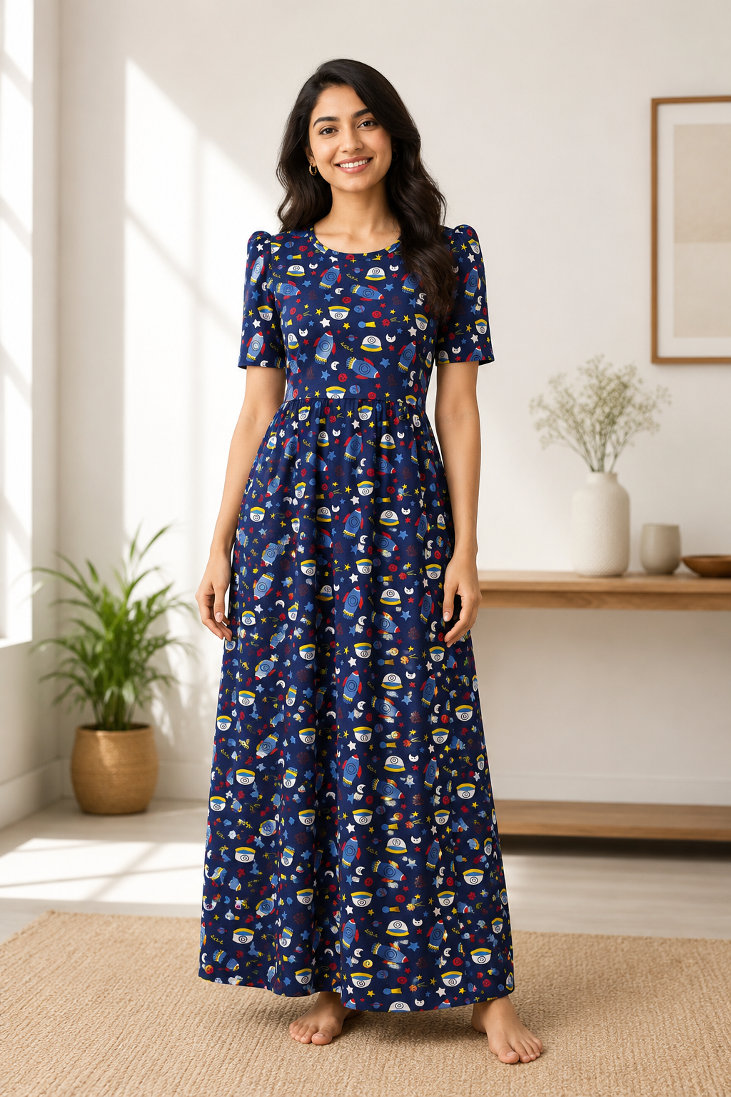 Zipless Feeding Maternity Gown Navy Space- Puff sleeve 52 inches
