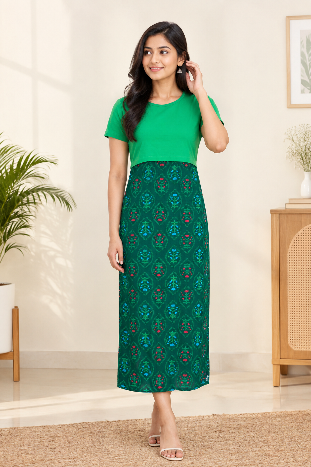 Capri Feeding Wear without Puff Sleeve Plain DF Green