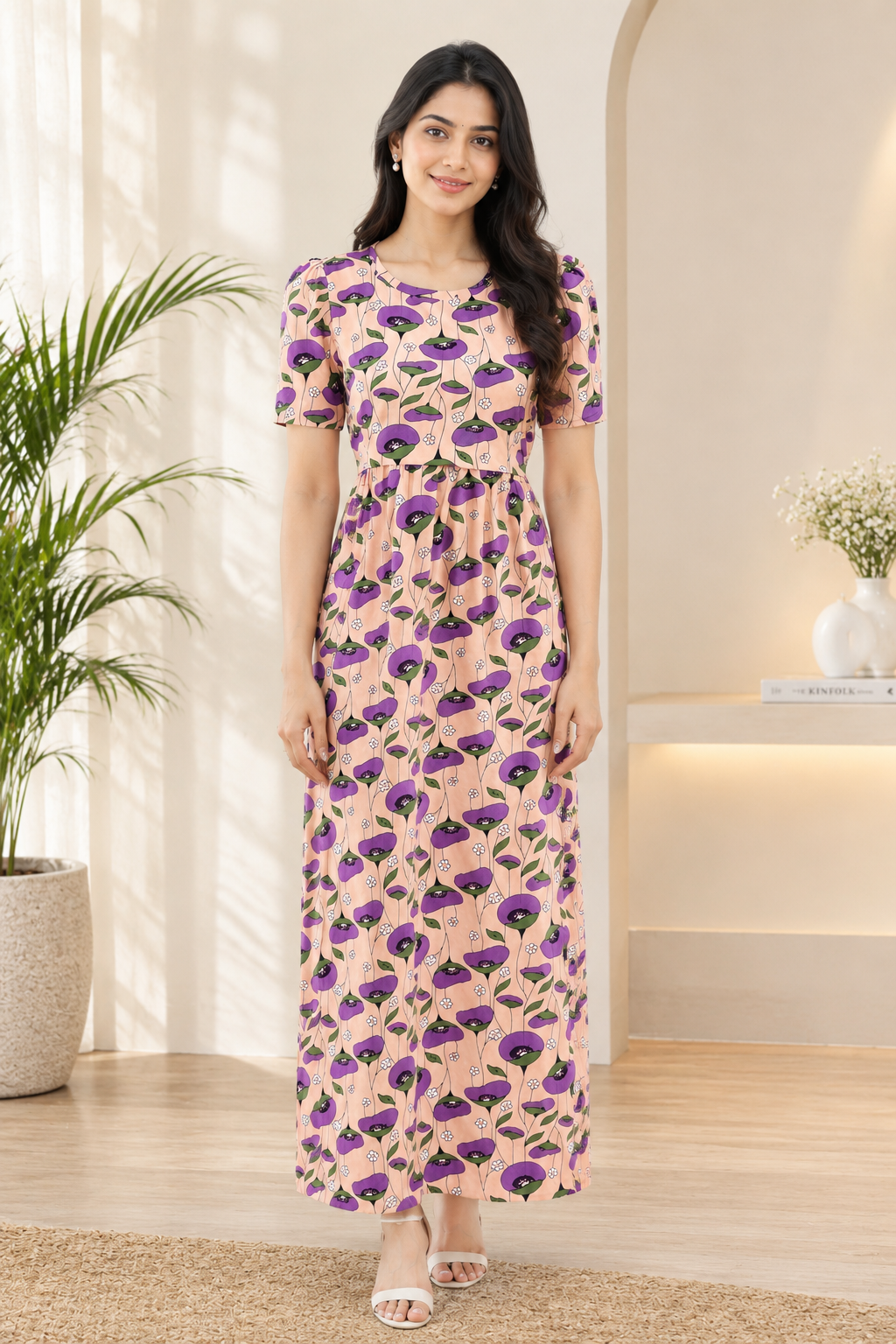 Zipless Feeding Maternity Gown Beige Purple Floral - Puff sleeve 52 inches
