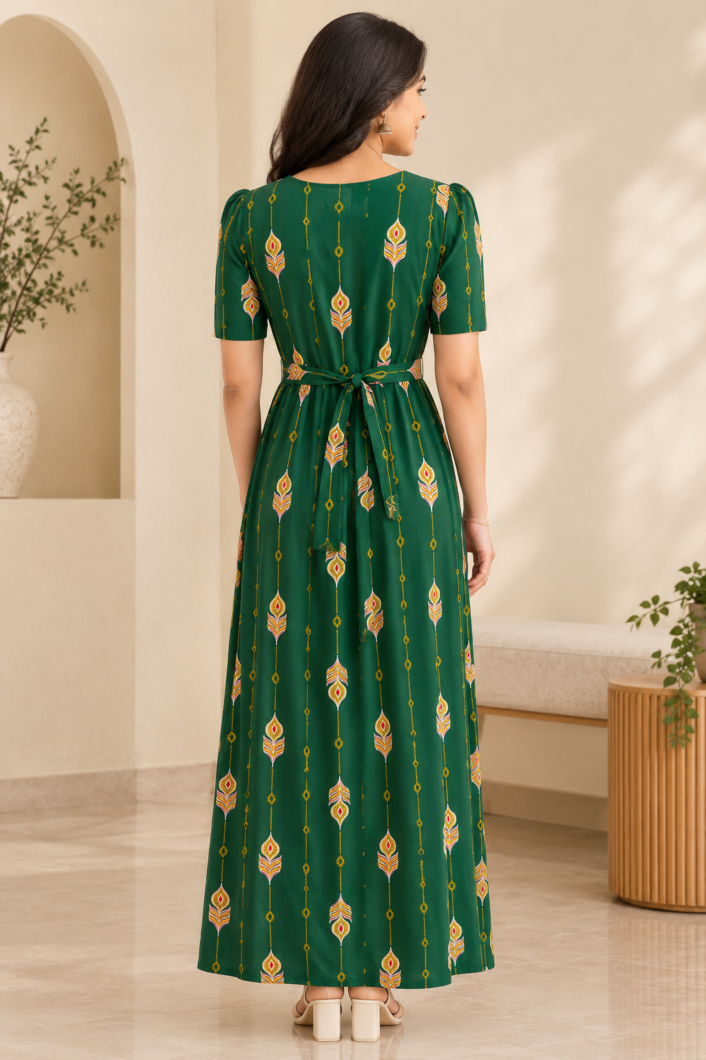 Zipless Feeding Maternity Gown Green Festoon- Puff sleeve 52 inches