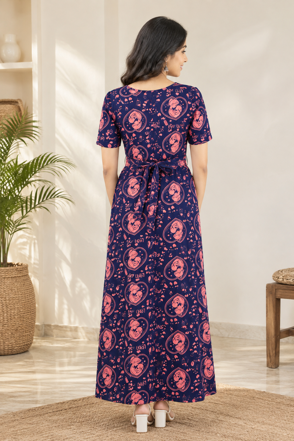 Zipless Feeding Maternity Gown Purple Mummy Baby - Puff sleeve 52 inches