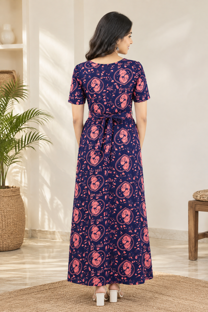 Zipless Feeding Maternity Gown Purple Mummy Baby - Puff sleeve 52 inches