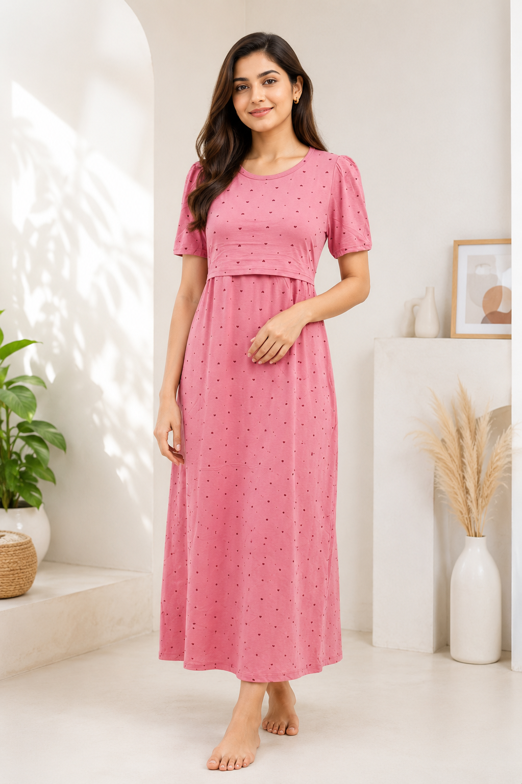 Zipless Feeding Maternity Wear with Puff Sleeve Pink little heart