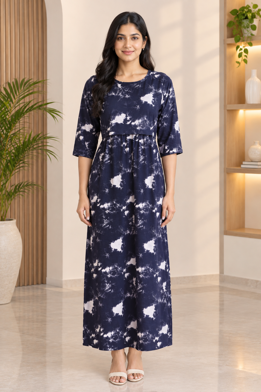 Zipless Feeding Mid Sleeves Blue mango leaf Full Length 52 inches