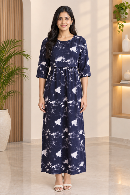 Zipless Feeding Mid Sleeves Blue mango leaf Full Length 52 inches