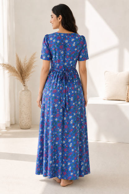 Zipless Feeding Maternity Gown Royal Blue Floral- Puff sleeve 52 inches