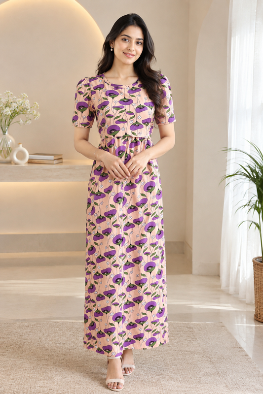 Zipless Feeding Maternity Gown Beige Purple Floral - Puff sleeve 52 inches