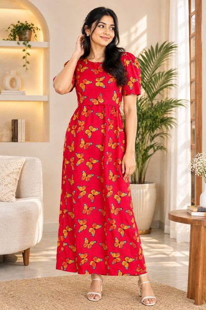 Zipless Feeding Maternity Gown Red Butterfly - Puff sleeve 52 inches