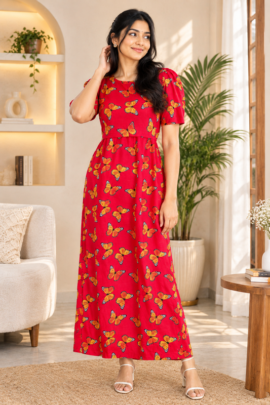 Zipless Feeding Maternity Gown Red Butterfly - Puff sleeve 52 inches
