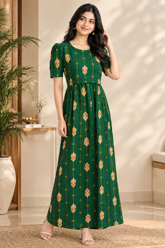Zipless Feeding Maternity Gown Green Festoon- Puff sleeve 52 inches