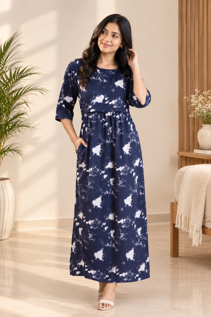 Zipless Feeding Mid Sleeves Blue mango leaf Full Length 52 inches