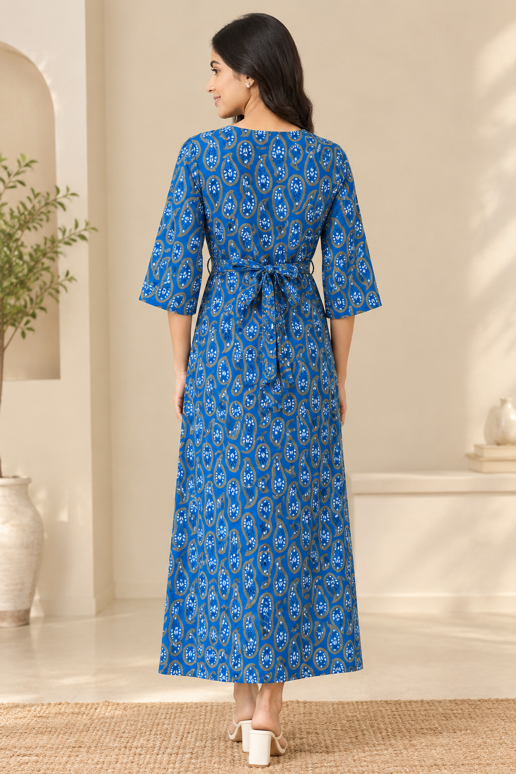 Zipless Feeding Mid Sleeves Blue mango leaf Full Length 52 inches