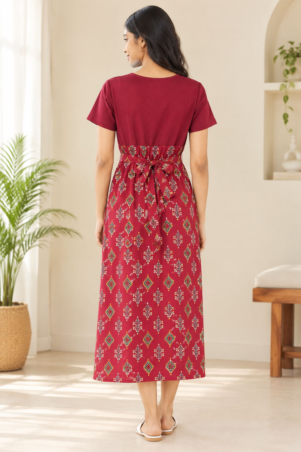 Capri Feeding Wear without Puff Sleeve Plain Chili Red