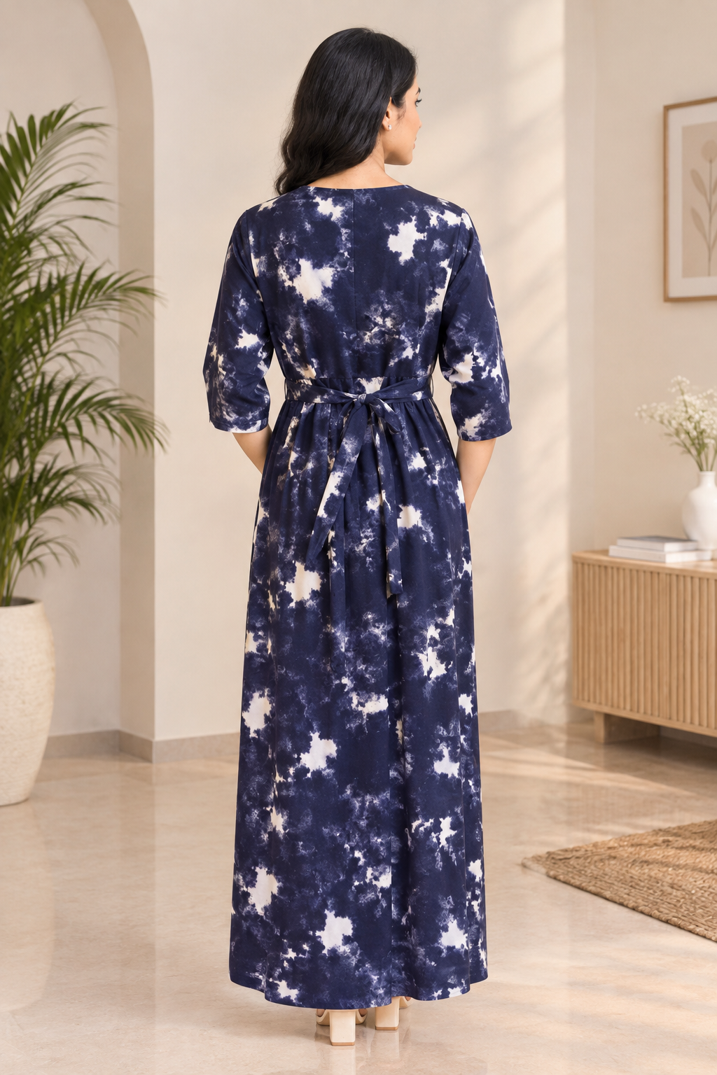 Zipless Feeding Mid Sleeves Blue mango leaf Full Length 52 inches