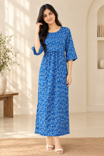 Zipless Feeding Mid Sleeves Blue mango leaf Full Length 52 inches