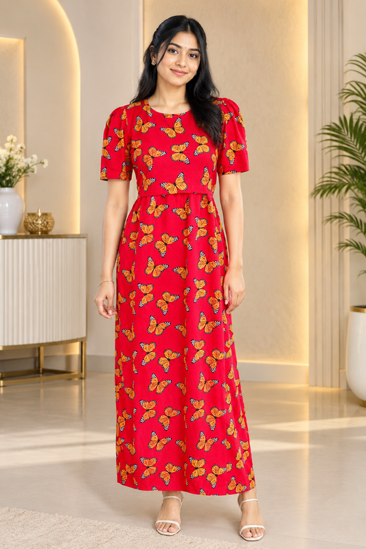 Zipless Feeding Maternity Gown Red Butterfly - Puff sleeve 52 inches