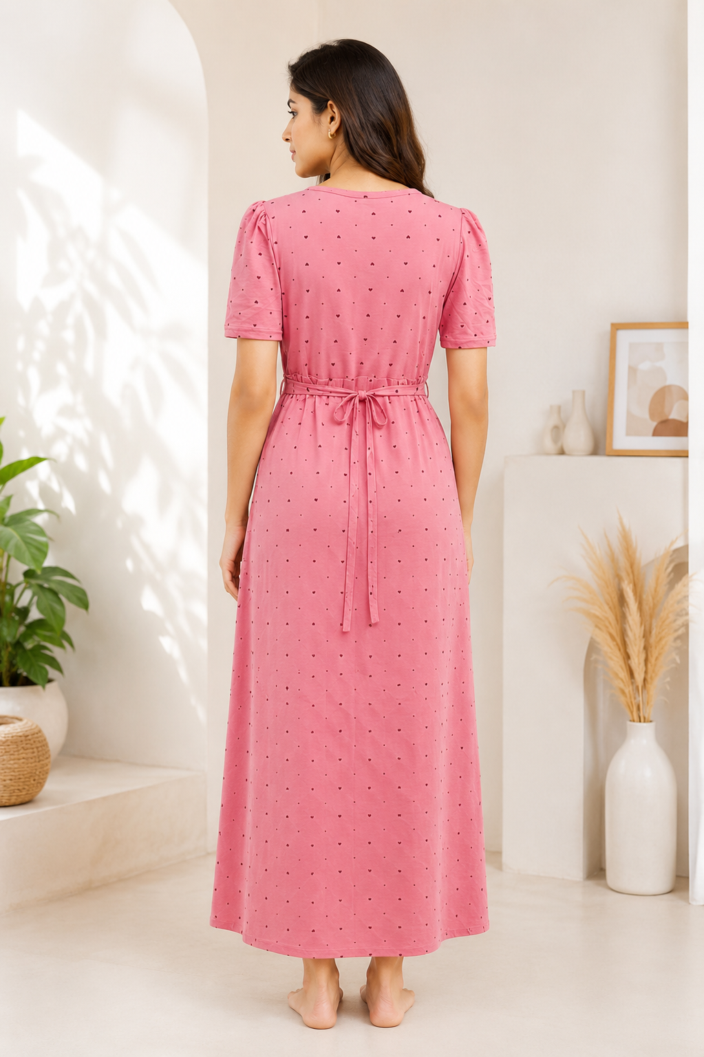 Zipless Feeding Maternity Wear with Puff Sleeve Pink little heart