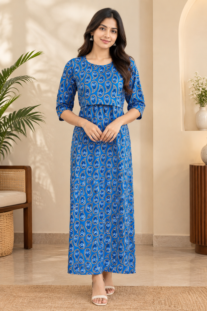 Zipless Feeding Mid Sleeves Blue mango leaf Full Length 52 inches