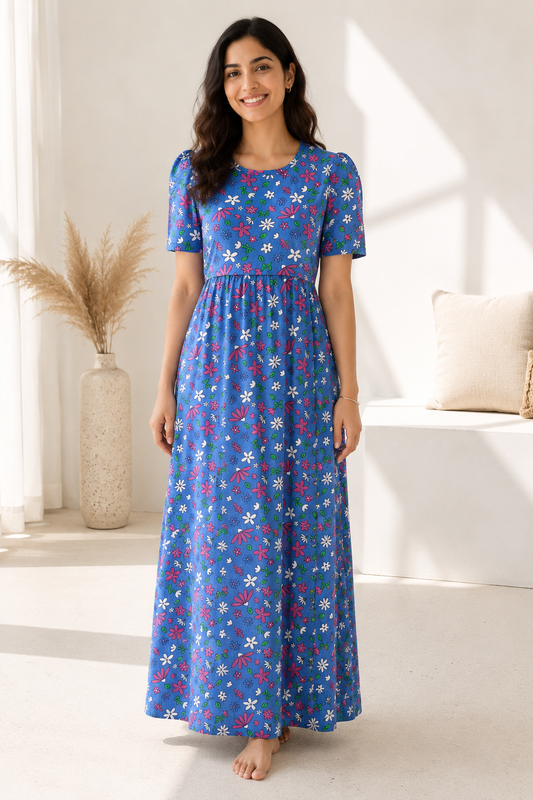 Zipless Feeding Maternity Gown Royal Blue Floral- Puff sleeve 52 inches