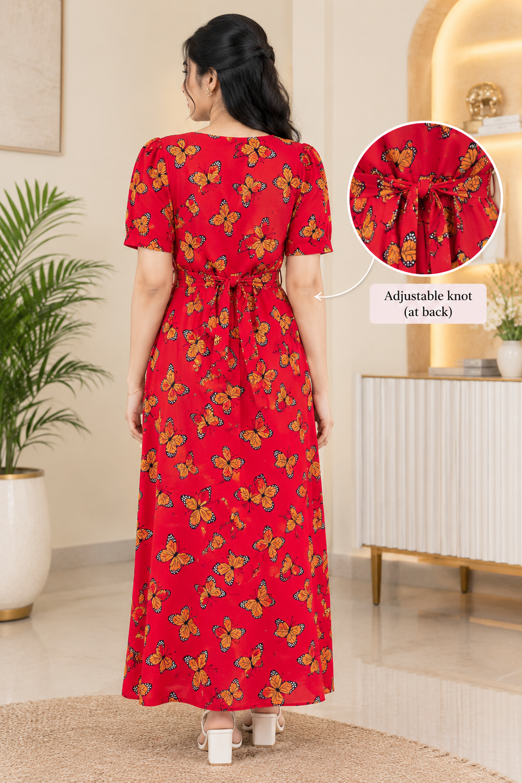 Zipless Feeding Maternity Gown Red Butterfly - Puff sleeve 52 inches