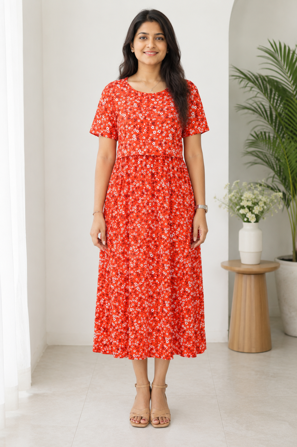 Zipless Feeding Maternity Wear without Puff Sleeve Orange White