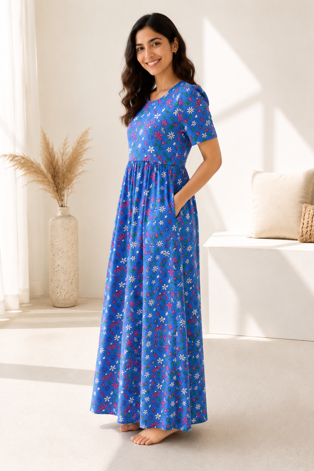 Zipless Feeding Maternity Gown Royal Blue Floral- Puff sleeve 52 inches