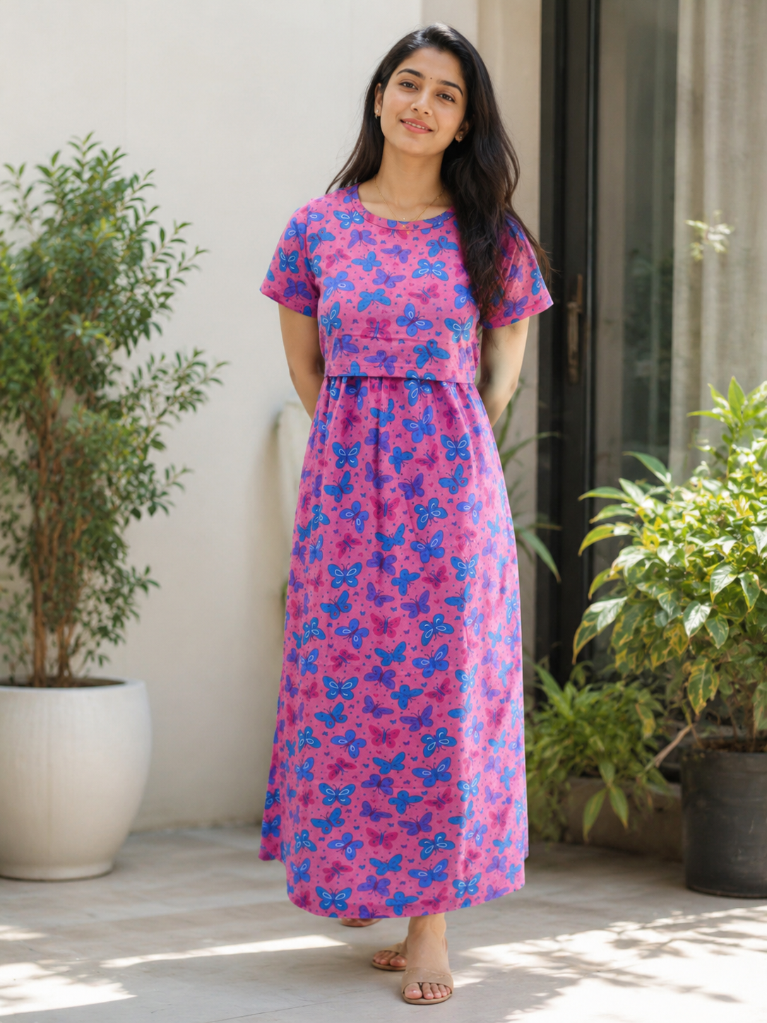 Zipless Feeding Maternity Wear without Puff Sleeve Pink Butterfly