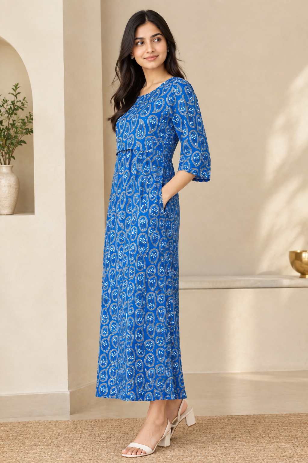 Zipless Feeding Mid Sleeves Blue mango leaf Full Length 52 inches