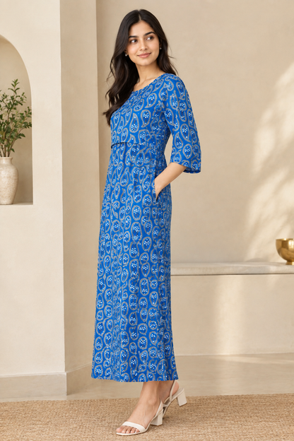 Zipless Feeding Mid Sleeves Blue mango leaf Full Length 52 inches