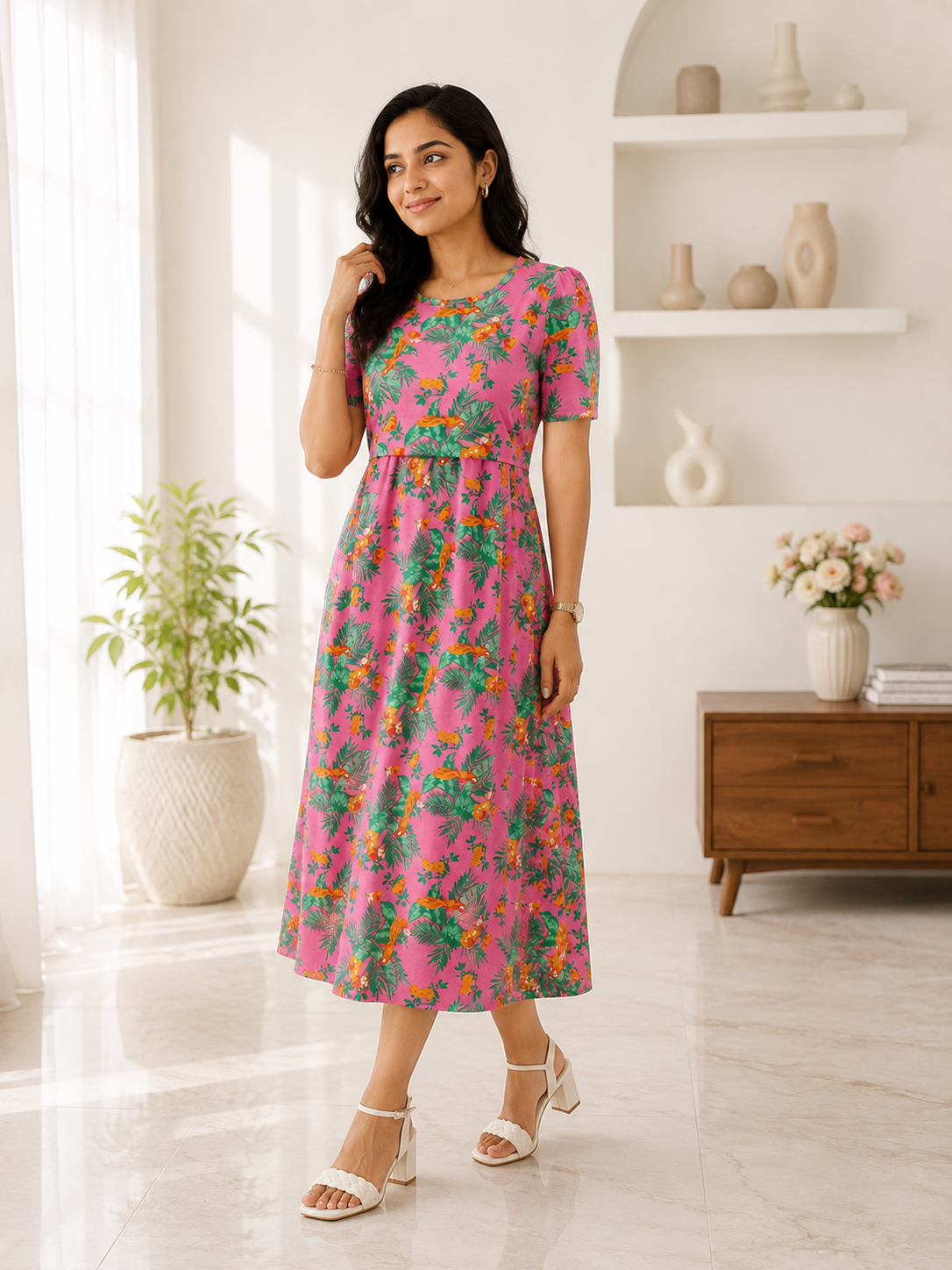Capri Feeding Wear with Puff Sleeve Royal Pink Floral