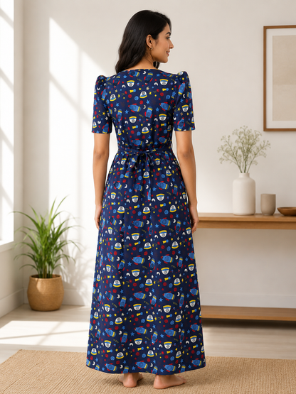 Zipless Feeding Maternity Gown Navy Space- Puff sleeve 52 inches