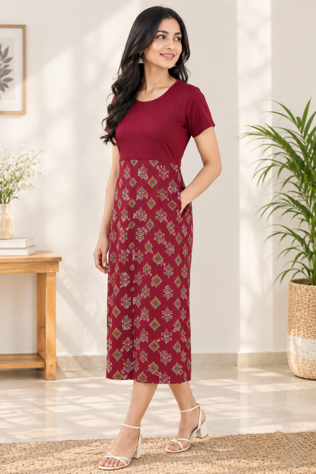 Capri Feeding Wear without Puff Sleeve Plain Chili Red