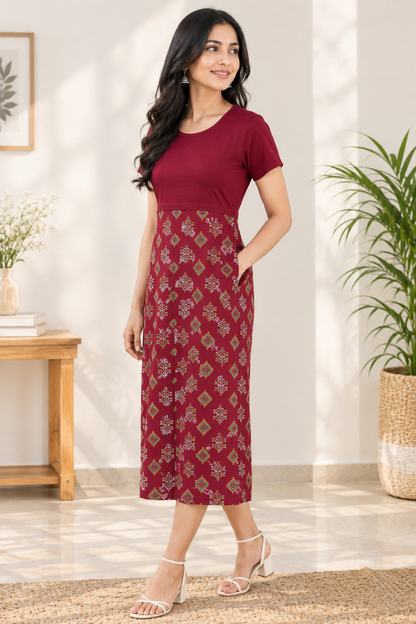 Capri Feeding Wear without Puff Sleeve Plain Chili Red
