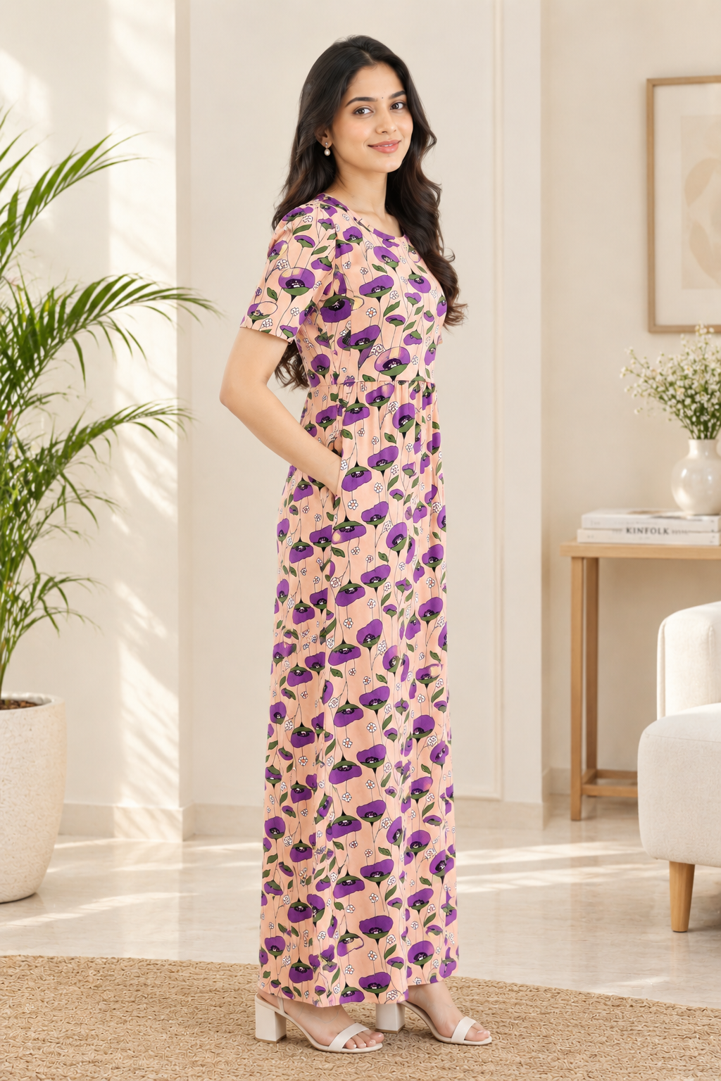 Zipless Feeding Maternity Gown Beige Purple Floral - Puff sleeve 52 inches