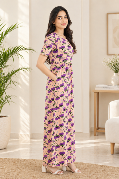 Zipless Feeding Maternity Gown Beige Purple Floral - Puff sleeve 52 inches