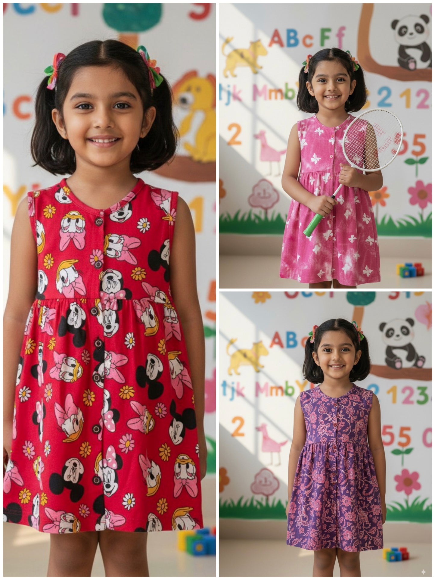 Girls Cute Printed Frocks Combo of 3 Navy orange, Butterfly pink Red Mickey