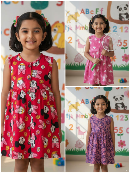 Girls Cute Printed Frocks Combo of 3 Navy orange, Butterfly pink Red Mickey