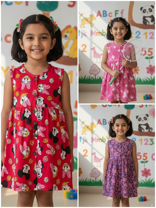 Girls Cute Printed Frocks Combo of 3 Navy orange, Butterfly pink Red Mickey
