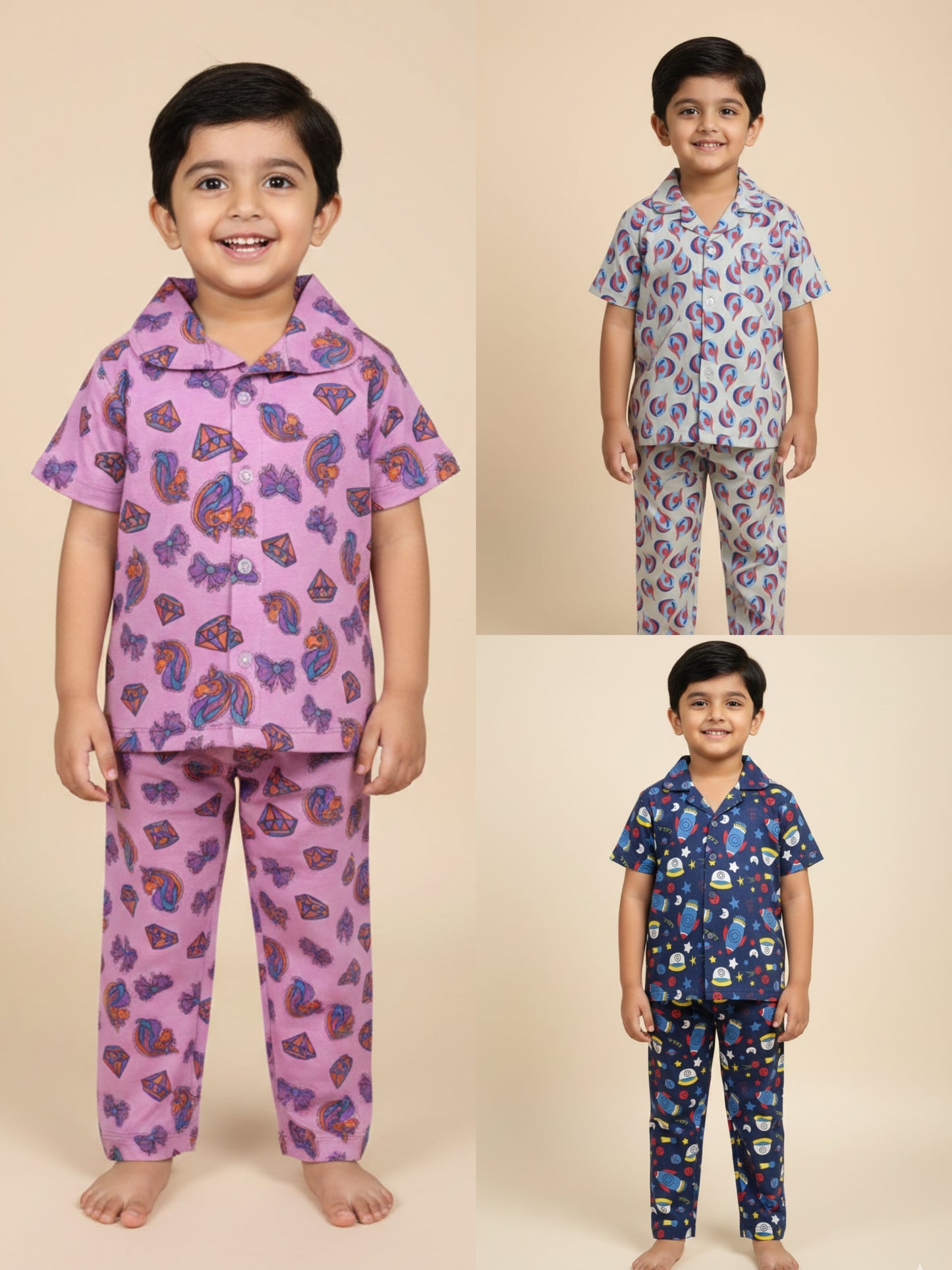 Kids All over printed night suit pack of 3 Pale Pink Silver Drop & navy space
