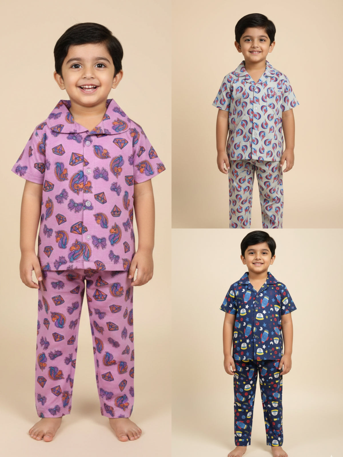 Kids All over printed night suit pack of 3 Pale Pink Silver Drop & navy space