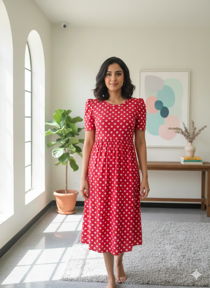 Capri Feeding Wear with Puff Sleeve Red Star